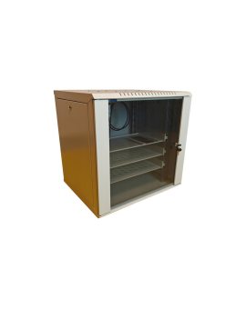 Szafa wisząca RACK 19 12U 500mm w zestawie z 3 półkami, 2 wentylatorami i termostatem, drzwi szklane szara MIRSAN