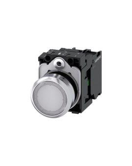 Przycisk 22 mm, round, metal, shiny, white, pushbutton, flat, momentary contact type, with holder, 1 NO, LED modu