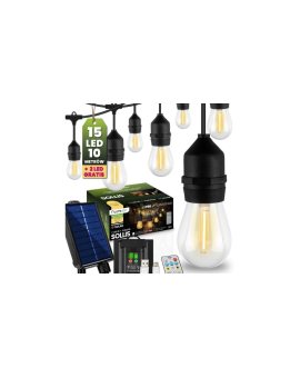 Girlanda Solarna Ogrodowa 15x LED Ozdobne Żarówki 10m + PILOT IP65 2700K Ciepła SOLLIS LUMILED