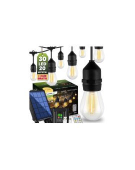 Girlanda Solarna Ogrodowa 30x LED Ozdobne Żarówki 20m + PILOT IP65 2700K Ciepła SOLLIS LUMILED