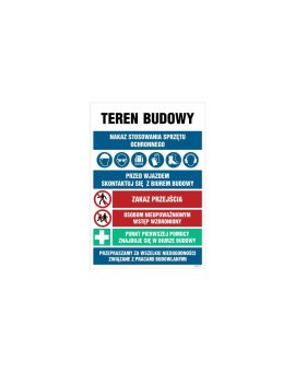 ZNAK - OI004 Teren budowy, Nakaz stosowania sprzętu ochronnego, przed wjazdem skonsultuj się z biurem budowy, Zak 70 x 105 cm PN