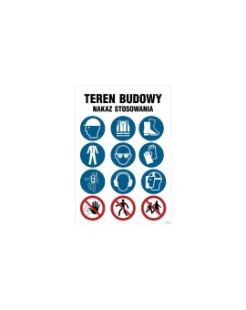 ZNAK - OI010 Teren budowy, Nakaz stosowania - piktogramy 70 x 105 cm PN - Płyta 1mm