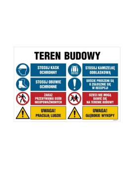 ZNAK - OI019 Teren budowy, Prace budowlane, jeżeli wchodzisz na teren budowy z dziećmi ostrzeż je przed niebezpie 100 x 75 cm PN