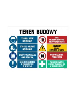 ZNAK - OI023 Teren budowy, Stosuj kask ochronny, Zakaz przebywania osób nieupoważnionych, Stosuj obuwie ochronne, 105 x 70 cm ON