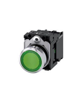Przycisk 22 mm, round, metal, shiny, green, pushbutton, flat, momentary contact type, with holder, 1 NO, LED modu