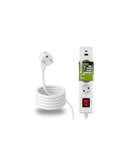Przedłużacz Sieciowy Kabel z Uziemieniem Listwa Zasilająca 3 Gniazda 3m Włącznik ON/OFF Biały USB + USB-C Sznur ELGER Lumiled