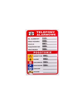 Samoprzylepna tabliczka ostrzegawcza /Telefony alarmowe 210x150/ 93/210X150/F