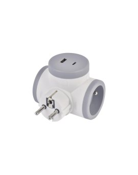 Rozgałęźnik 2×, 1×USB-A+1×USB-C, biało-szary