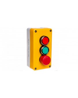 Kaseta sterownicza żółto-szara, 3 przyciski, kryty ziel. (1NO), kryty czer.(1NC), bezpieczeństwa 30 mm (1NC), T0-P3C1A2BE30
