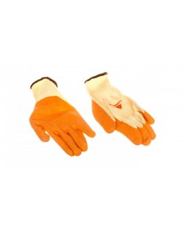 Rękawice dziane z poliestru i bawełny, dłoń i końce palców powlekane Lateksem, ścieg 10 żółto-pomarańczowe rozmiar 8 VE730OR08
